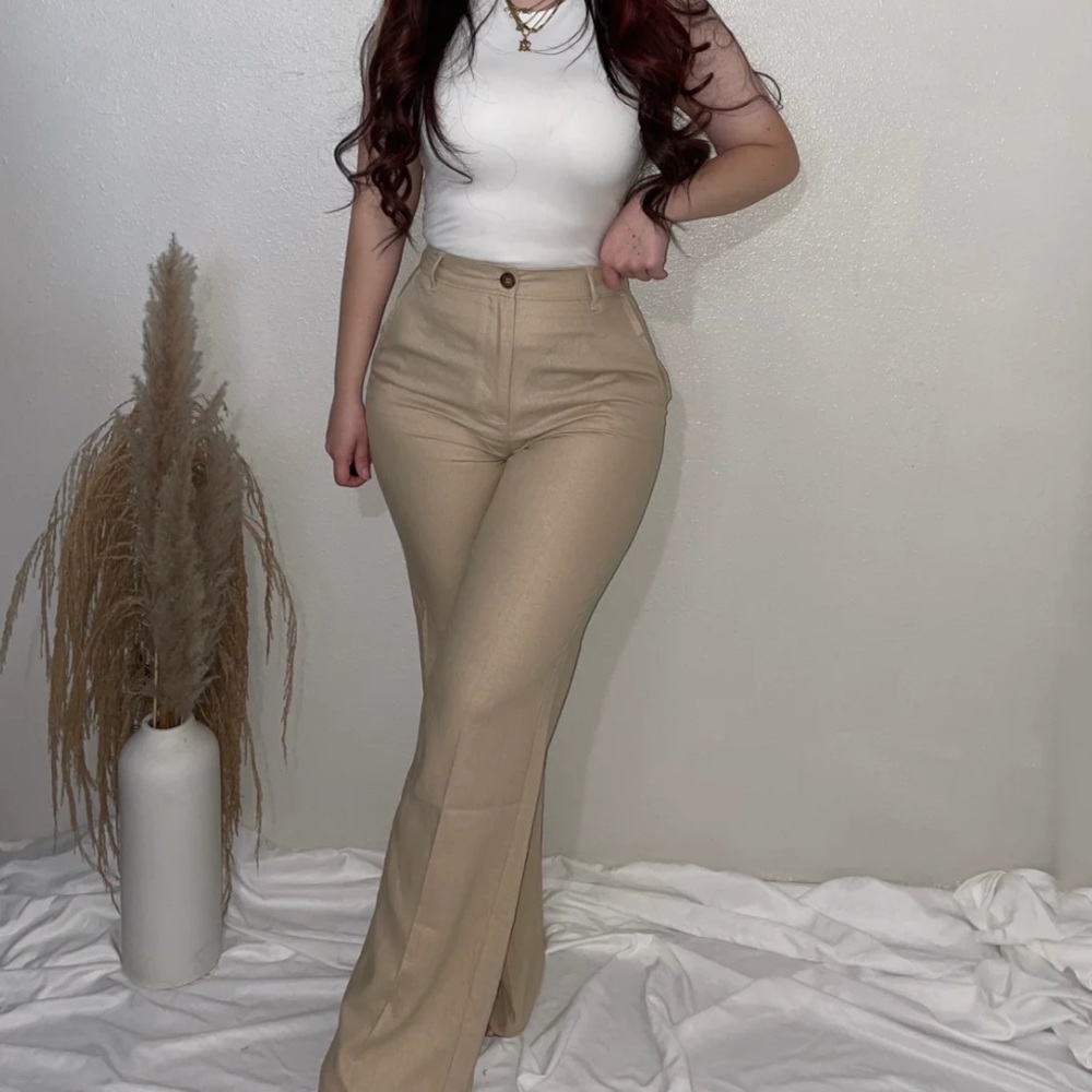 Tan Linen Straight Leg Pants